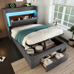 Cama tapizada 90x200 cm con canapé hidráulico, LED y usb lino – gris