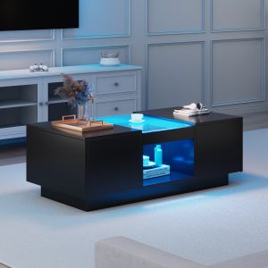 Mesa de centro con LED y 2 cajones negro 35,5x100x50cm