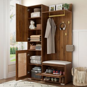 Mueble recibidor con espejo y 3 puertas nogal y blanco 190x110x38cm