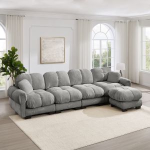 Sofá en l modular de chenilla gris claro 4 plazas con otomana móvil