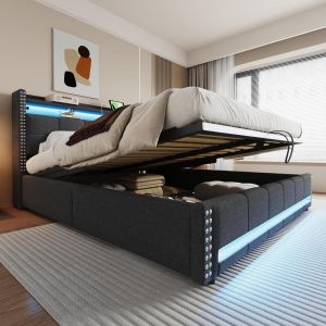Cama doble tapizada con LED usb y almacenaje 180x200cm gris