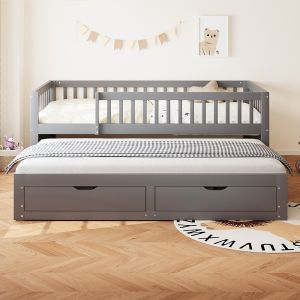 Cama de madera maciza,90x200cm,totalmente cerrada,gris.