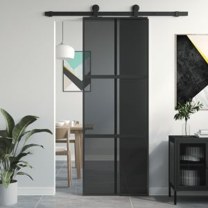 Puerta corredera vidrio templado y aluminio negra 76x205 cm esxt9425