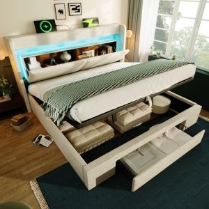 Cama tapizada 180x200 cm con almacenaje, LED y usb lino – beige