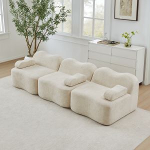 Sofá modular 3 plazas terciopelo beige asiento profundo diseño ondulado