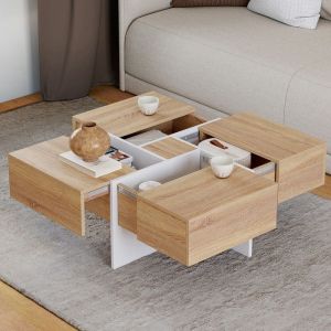 Mesa de centro cuadrada - 4 cajones - madera blanca - 70 cm