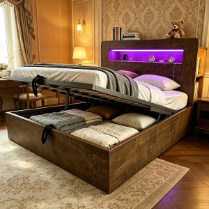 Cama con canapé 140x200 cm con LED y enchufes madera – color madera