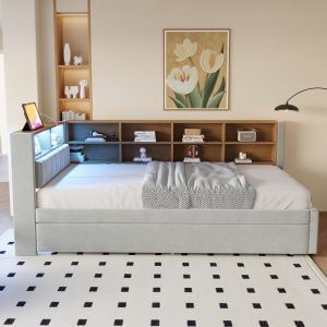 Canapé-lit gigogne 90x200cm extensible con almacenaje gris claro