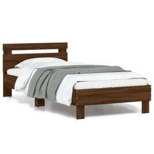 Cama cabecero luces LED roble marrón 90x200 cm reg5040