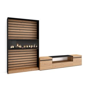 Muebles salón, 310x35x186cm, roble y negro, chimenea eléctrica xxl rf2858