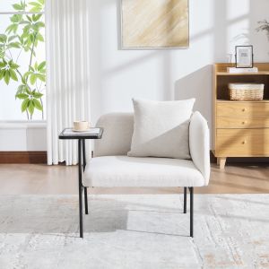 Sillón individual chenilla beige con mesa lateral y bolsillos