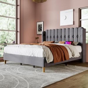 Cama 180x200 de lino con usb-c, cabecero panelado, somier gris
