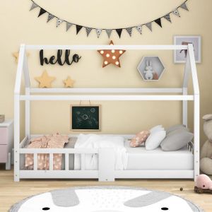 Cama infantil 90x200cm madera con barandilla y sommier blanco