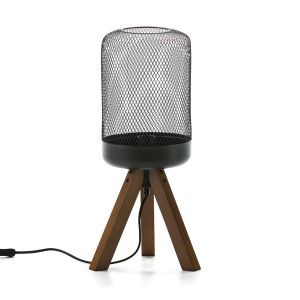 Lámpara mesa tripodal madera natural y pantalla metálica
