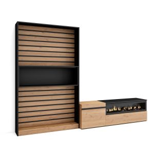 Muebles salón, 260x35x186cm, roble y negro, chimenea eléctrica rf3157