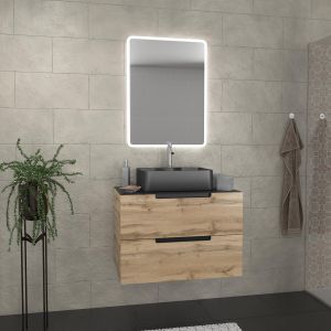 Mueble baño 80 cm 2 cajones roble y negro + lavabo rectangular