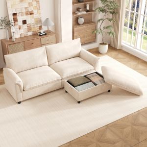 Sofá modular en u de chenilla beige con puff móvil y función cama