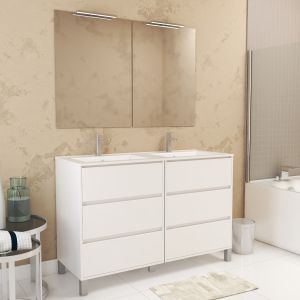 Mueble baño 120 cm blanco 6 cajones + lavabo + 2 espejos LED