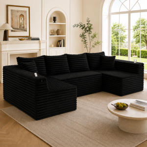 Sofá en u modular de pana negro 4 plazas con portavasos y bolsillo