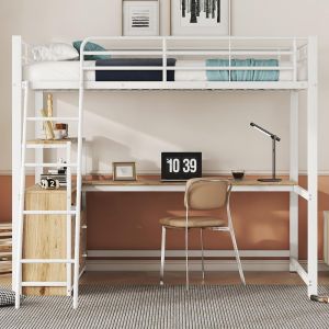 Cama alta con escritorio en l, 4 cajones, 140x200cm, blanca