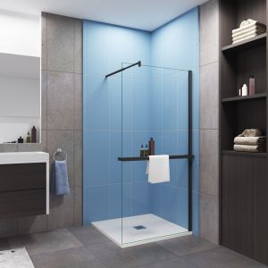 Mampara de ducha fija con estante-80x200cm-8mm antical-barra 70-120cm-negro