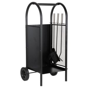 Leñero de metal con herramientas de chimenea negro 35x32x81