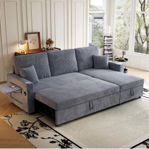 Sofá cama en l modular pana gris con chaise longue y usb