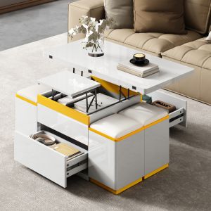 Mesa de centro elevable plegable con 4 taburetes blanca 43x100x50cm