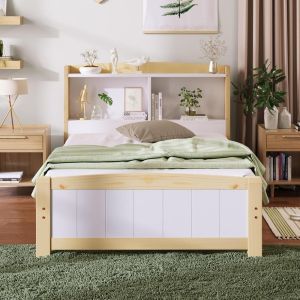 Cama 90x200 cm madera maciza infantil,natural y blanco
