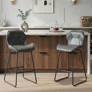Taburete de bar de cuero sintético gris con respaldo y reposapiés set de 2