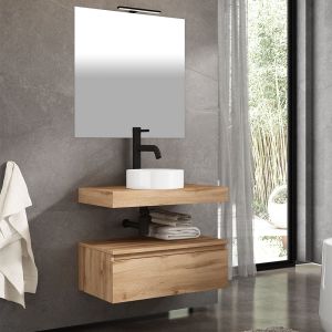 Mueble baño, lavabo, espejo y aplique LED muro 80x45cm roble 1 cajón suspen