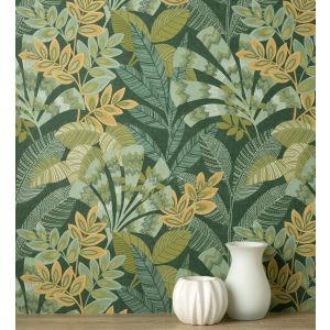 Papel pintado gaulan  de hojas étnicas  verde con texturas estilo 5.23m²