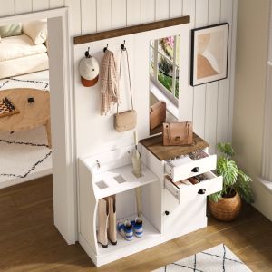Mueble recibidor 110 cm con espejo cajones y ganchos blanco