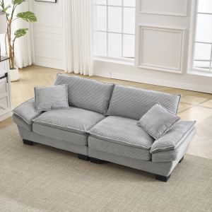 Sofá 2 plazas de terciopelo gris claro con cojines y asiento profundo