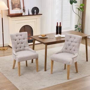 Silla de comedor tapizada beige set de 2 con patas de roble
