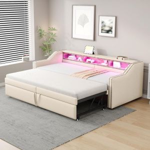 Sofá cama nido 90x200 cm, extensible a 180 cm, beige LED usb