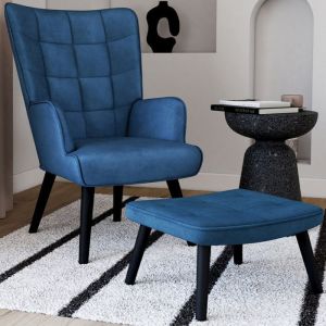 Sillón escandinavo de terciopelo azul con reposapiés