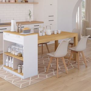 Isla central con mesa - blanco y madera - 190 cm