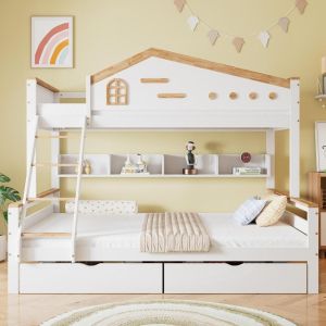 Litera 90x200 y 140x200 madera con 2 cajones blanco natural