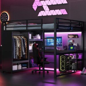 Litera gaming con escritorio y LED bluetooth 160x200cm negro