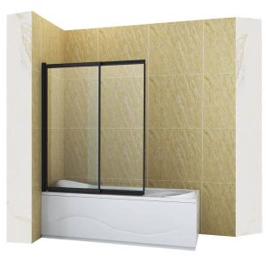 Mampara de bañera 2 hoja vidrio transparente, 120x150 cm, perfil negro