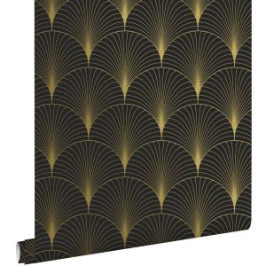 Estahome papel pintado arte deco negro y oro 53 cm x 10.05 m
