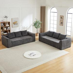 Sofá modular pana gris curvo con 5 cojines para salón