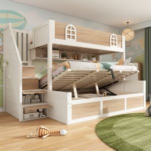 Litera 90/140x200 cm con almacenaje y escalera madera – blanco y natural
