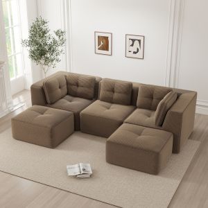 Sofá modular en u de pana marrón 3 plazas con otomana asiento profundo
