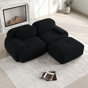 Sofá modular en l de pana negro sin montaje con reposabrazos curvos