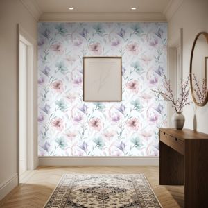 Papel floral elegante flores suaves en  pastel fondo blanco 60cm por 250cm