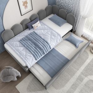 Cama tapizada 90x200 cm con cama nido y respaldo de terciopelo – color gris