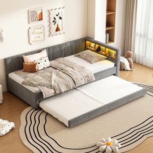 Cama individual independiente,extensible,lino,gris.