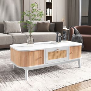 Mesa de centro con cajones y puertas blanco y madera 38,5x110x55cm